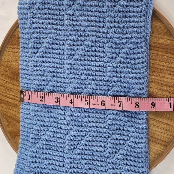 Hand knit scarves Crochet Blue Double cable stitch Triangular pattern with Tazel - Picture 13 of 16